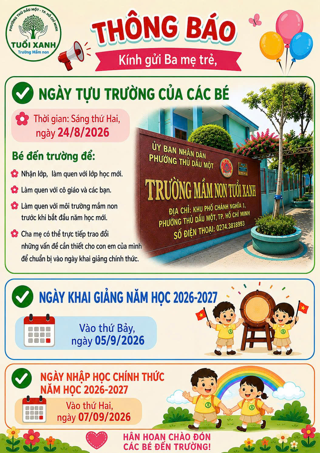 📣 THÔNG BÁO – HÂN HOAN CHÀO ĐÓN NĂM HỌC MỚI 2026–2027 🌸🎒